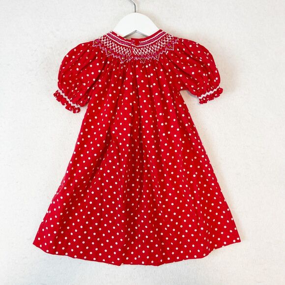 Mom & Me Dress Girls 18 Mos Red Polka Dot Smocked Flowers Short Puff Sleeve - Picture 3 of 5